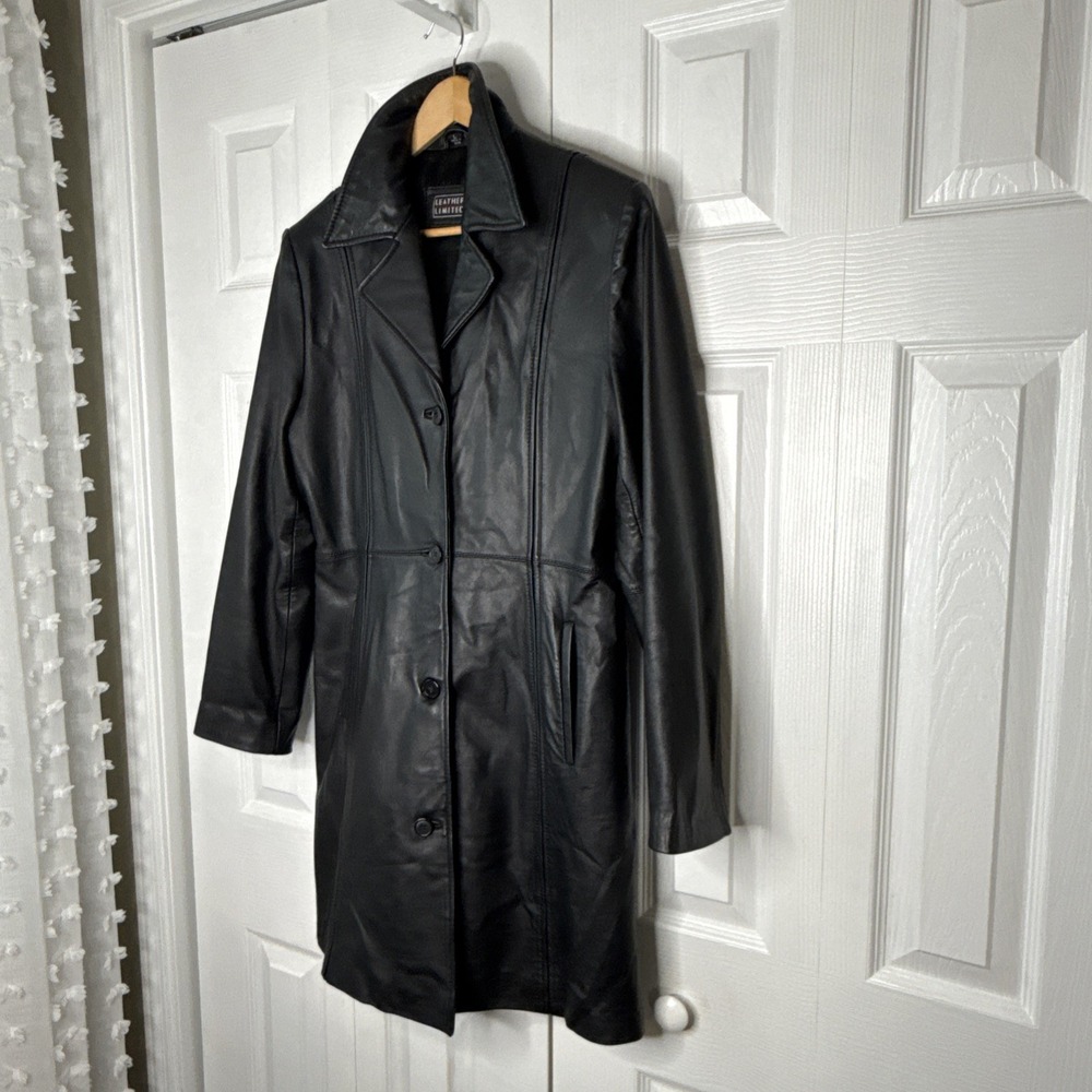 Genuine Leather Limited Women's Black Size Large, Long, Trenchcoat Jacket EUC - Picture 2 of 12